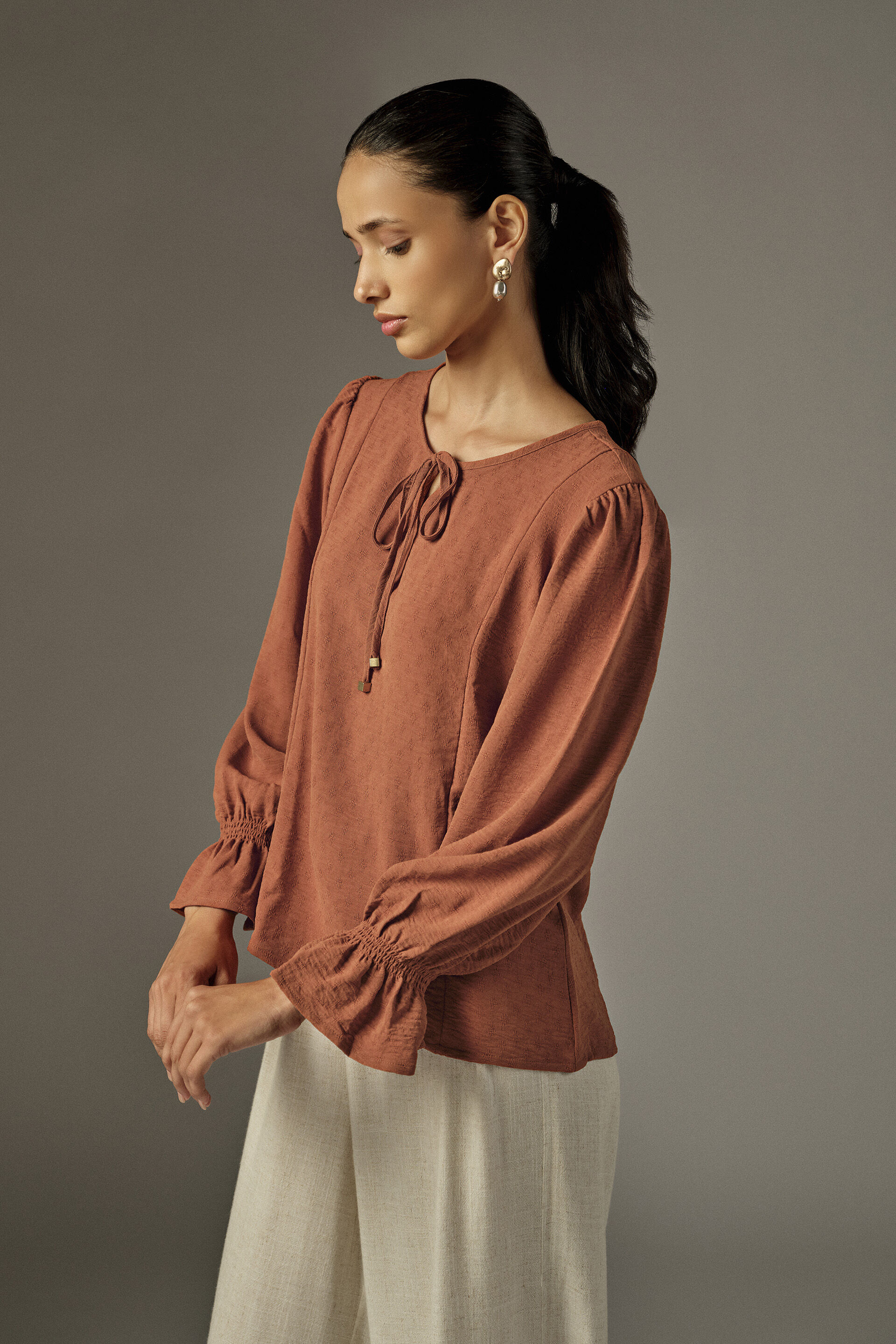 Solid Bishop Sleeves Top in Rust, Rust, image 2